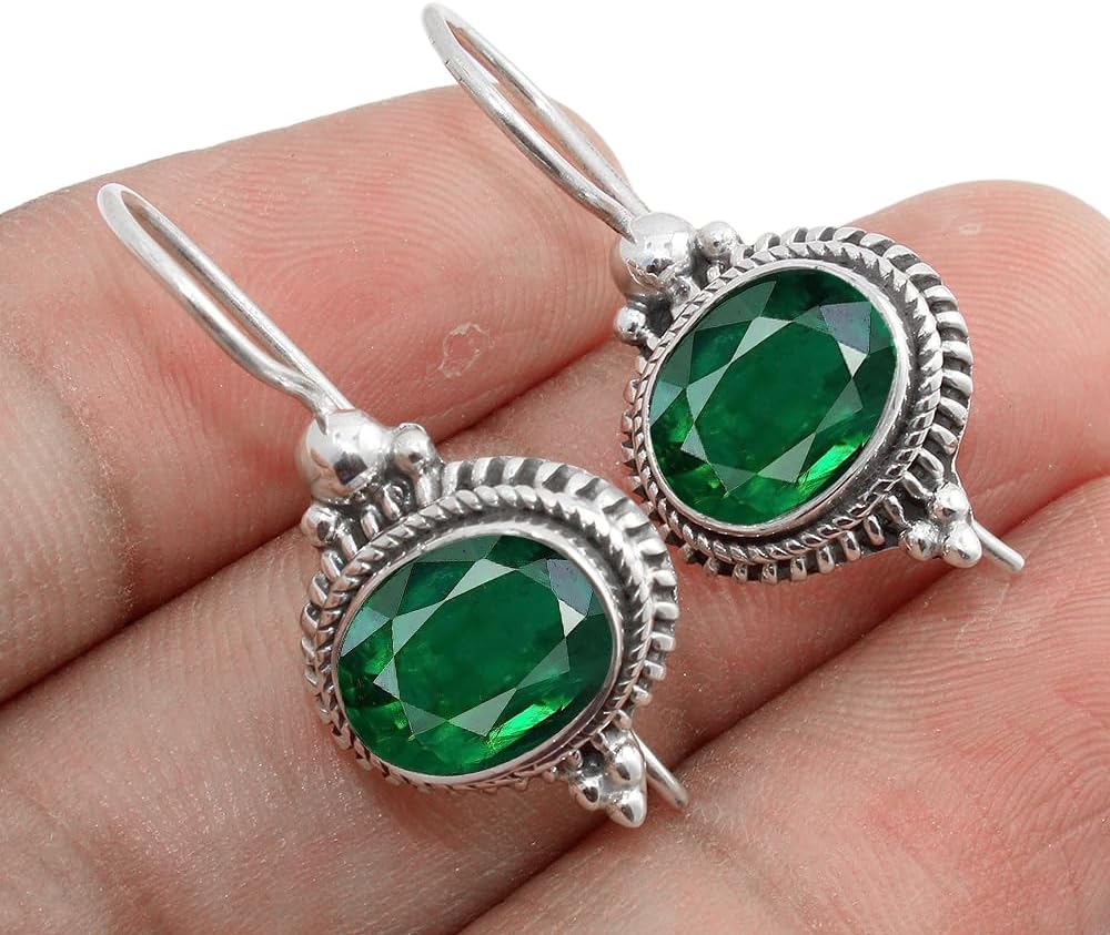 Solid 925 Sterling Silver Dangle Earrings with Natural Emeralds