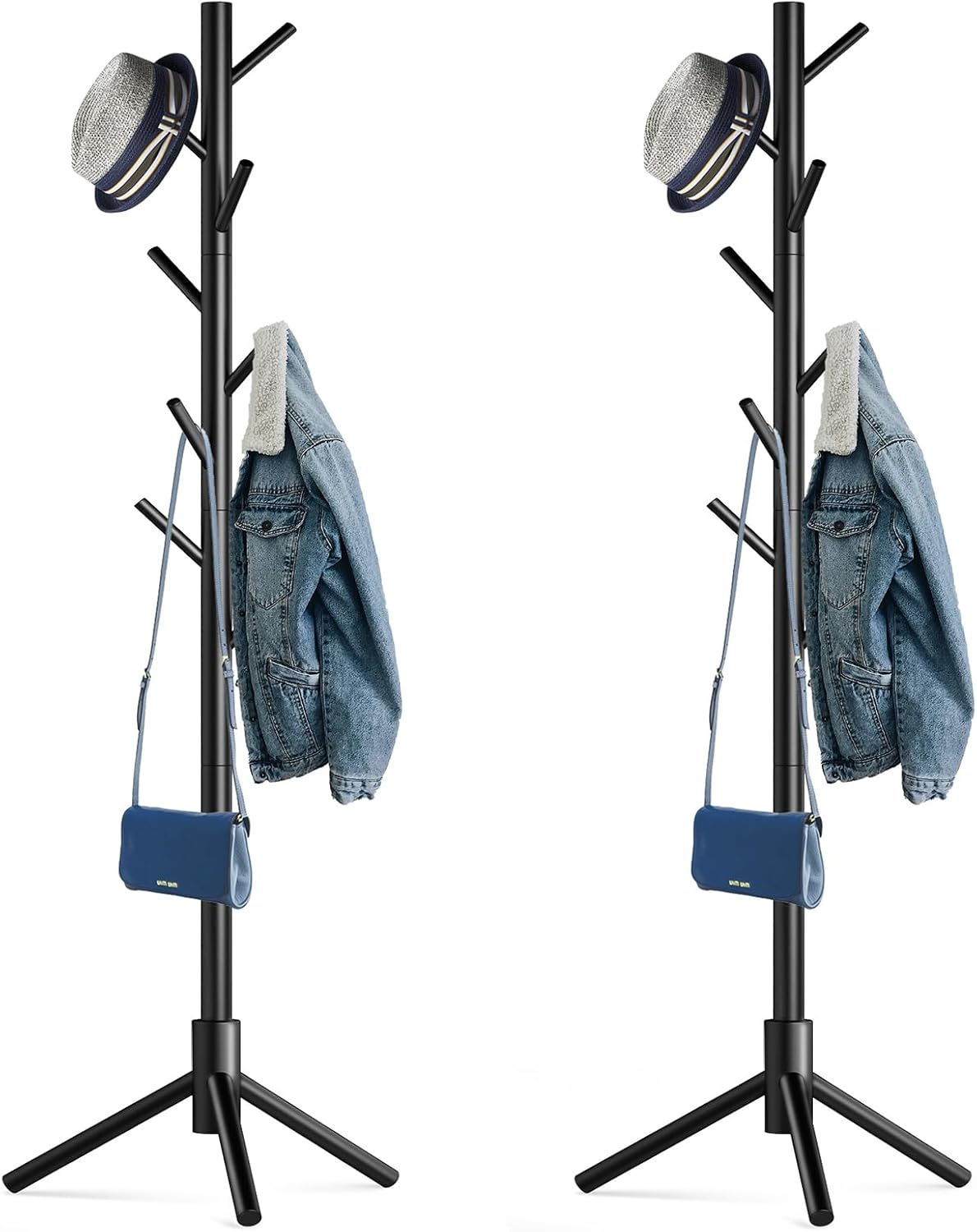 Wooden Tree Coat Rack Stand with Adjustable Height and Hooks