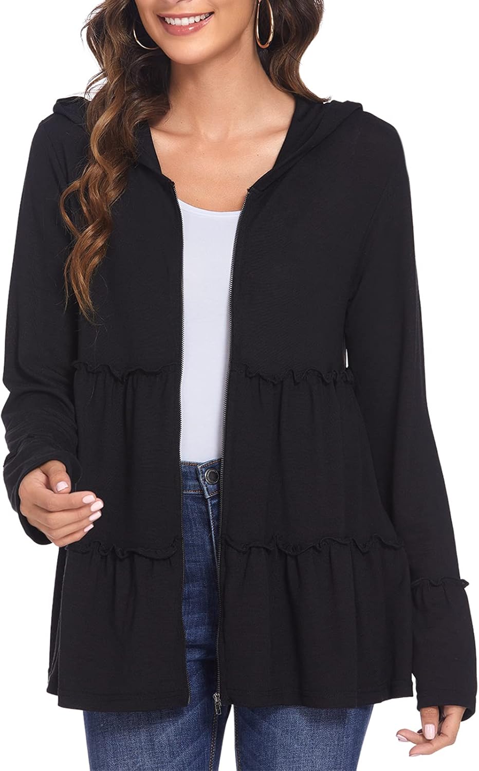 DEESHA Full Zip Up Hoodie for Women with Ruffle Design