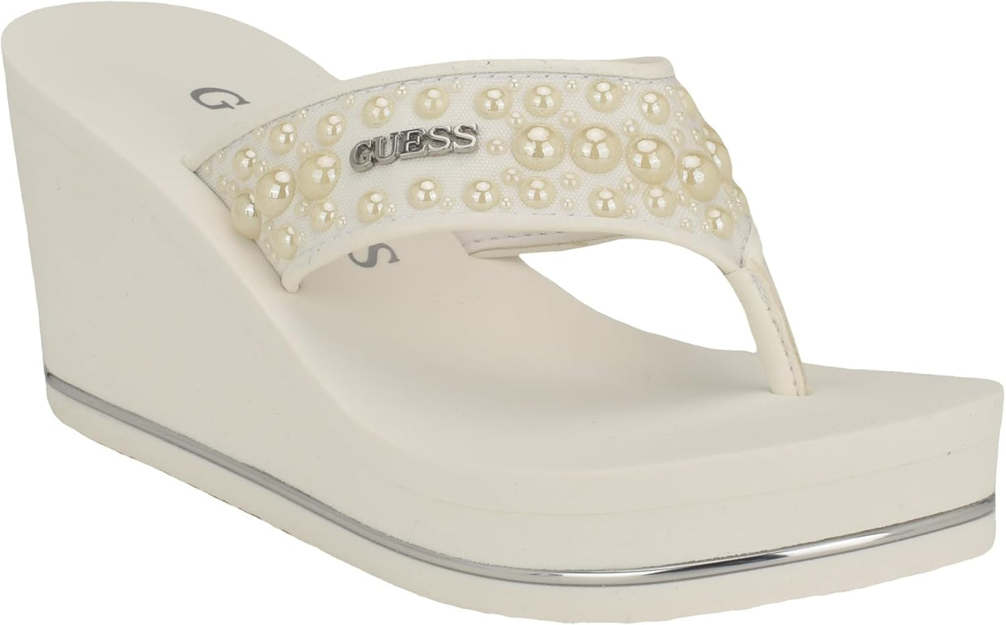 GUESS Women's Silus Wedge Sandal with Pearl Strap Details