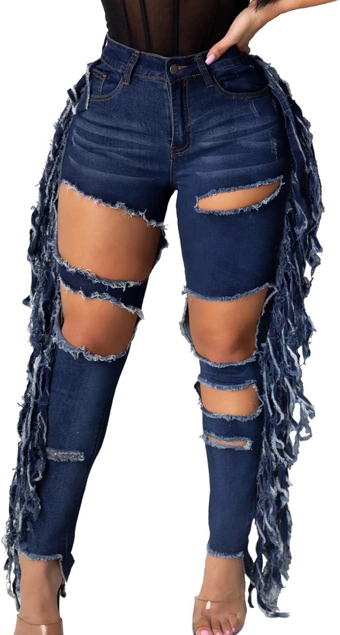 Women's Skinny Ripped Jeans Stretch Destroyed Mid High Waist