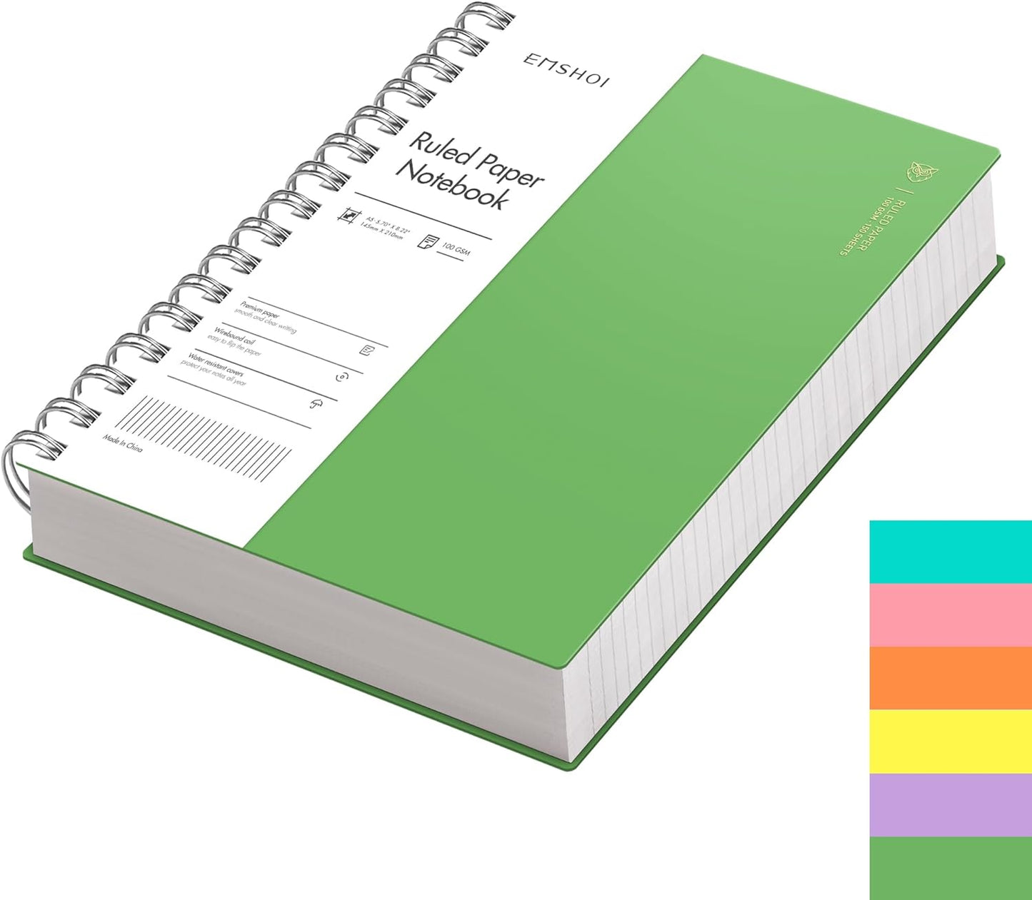 EMSHOI A5 Waterproof Spiral Notebook, 300 Pages, 100gsm, Green