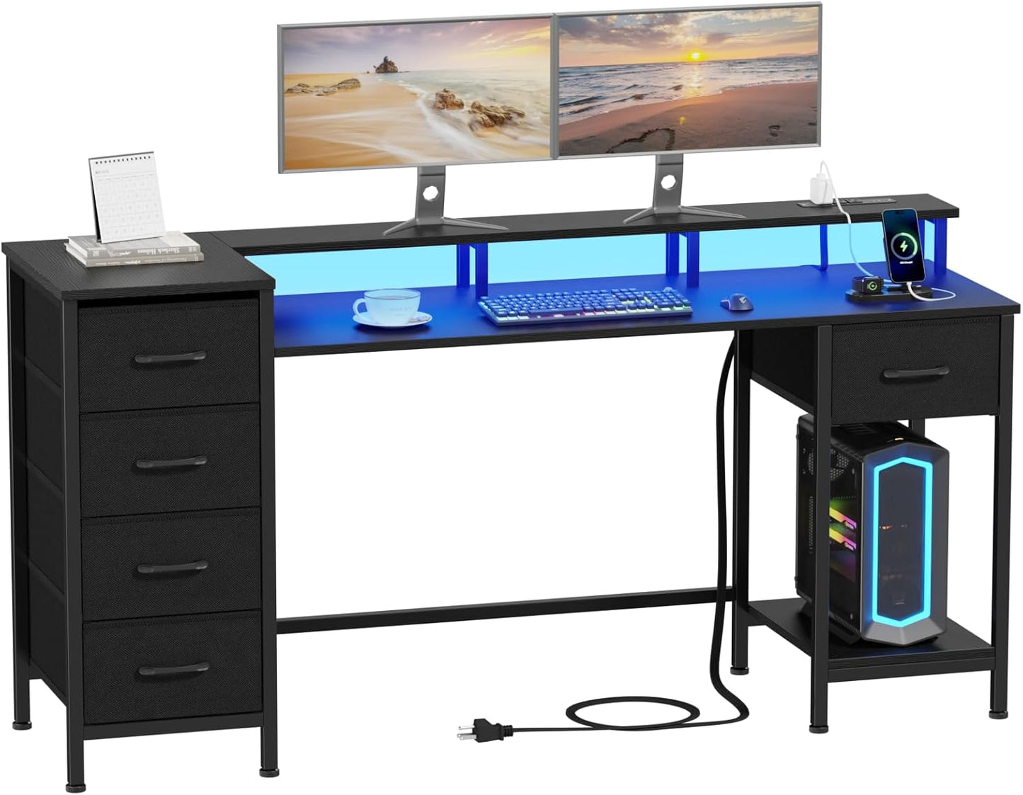 55 Gaming Desk w/ Power Outlets & LED Lights, Adjustable Drawers - Korfile