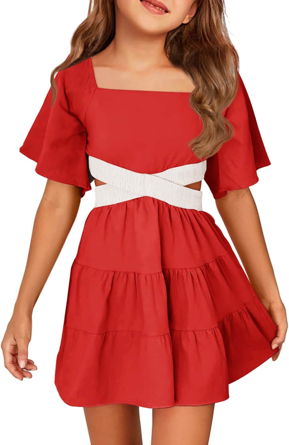 Batermoon Girls Summer Dress Square Neck Short Sleeve A-line
