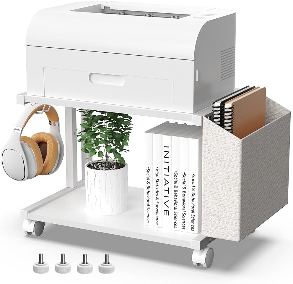 White 2-Tier Printer Stand with Storage Bag
