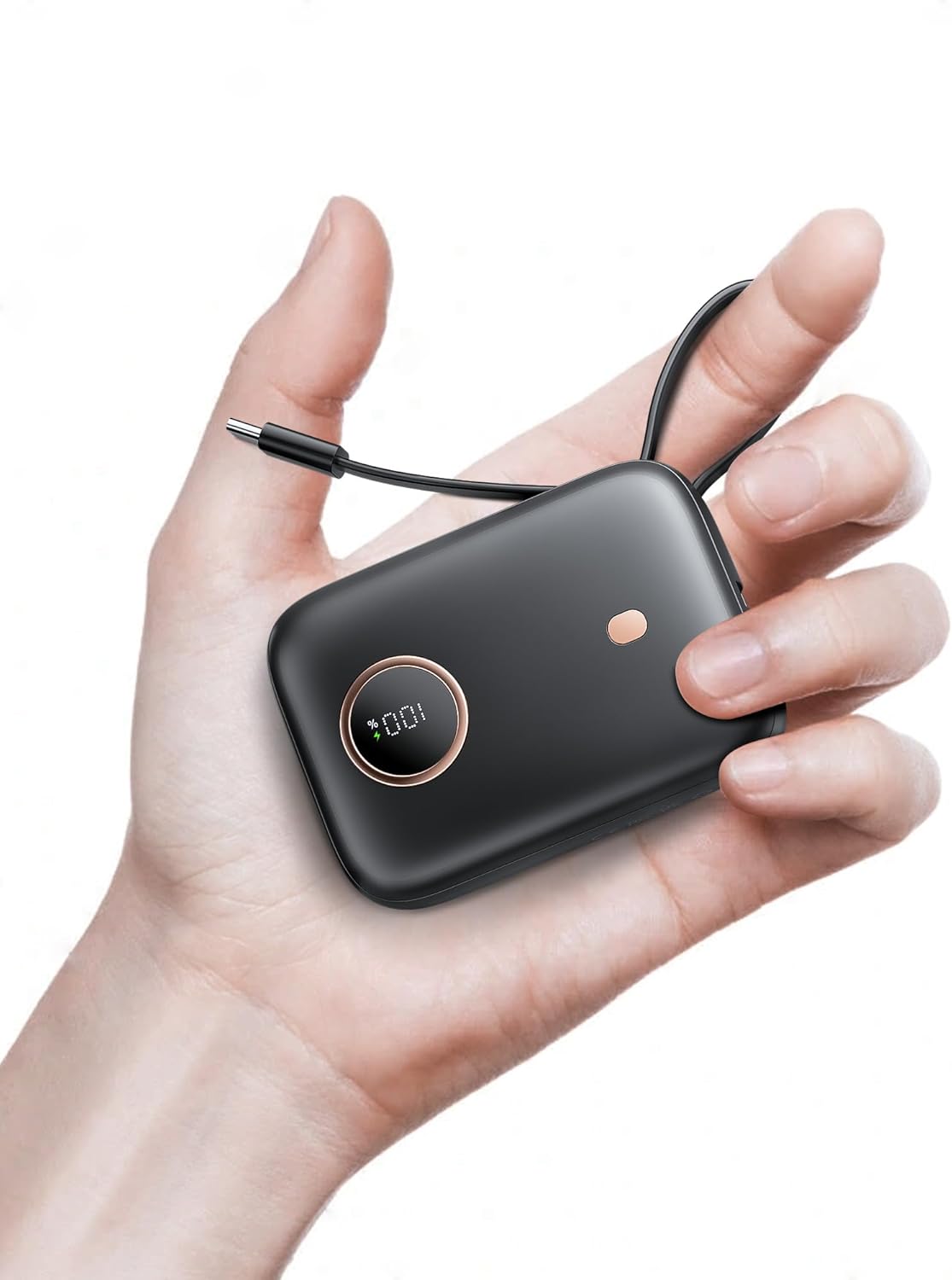 Compact 22.5W 10000mAh Power Bank with Built-in USB-C Cable