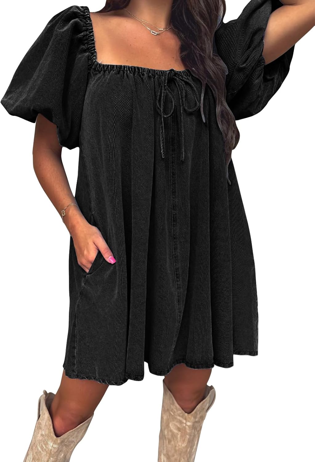 EXLURA Womens Summer Denim Short Puff Sleeve Dress for Style