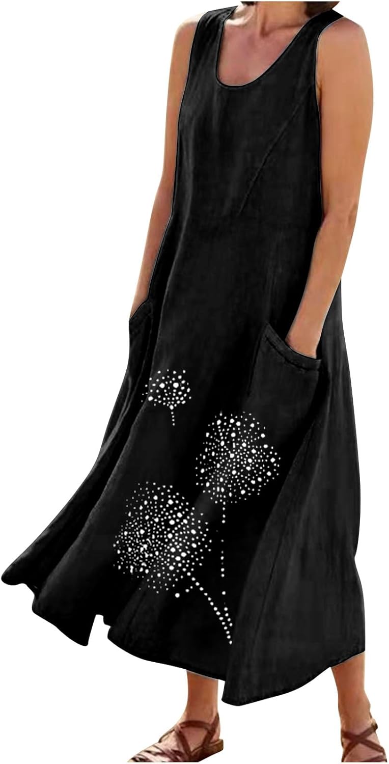 Lcepcy Womens Cotton Linen Long Dress Summer Sleeveless Elegant