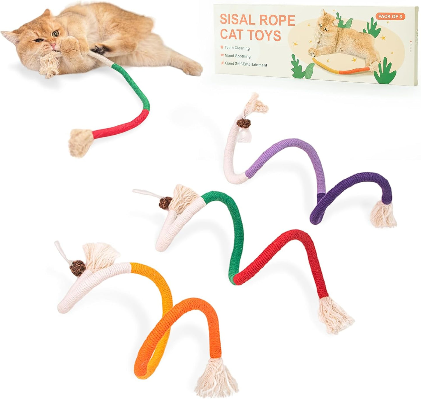 Interactive Cat Toys for Bored Indoor Cats - 3 Pack Sisal Rope & Catnip Fun!