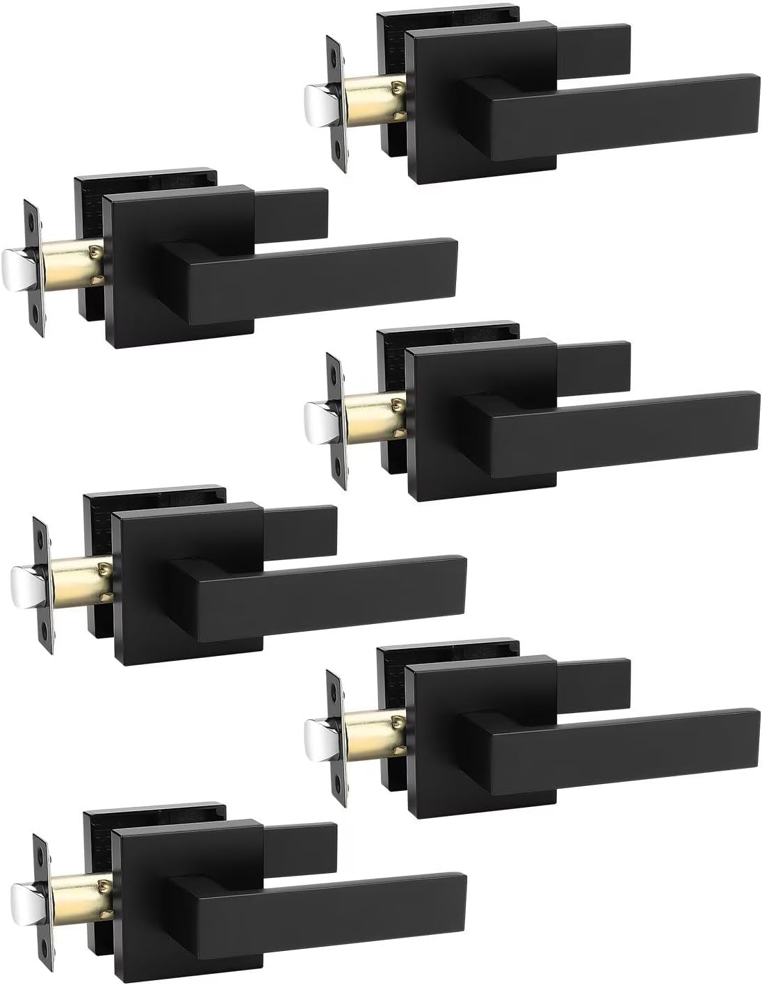 6 Pack Square Black Door Handles for Interior Use, No Lock
