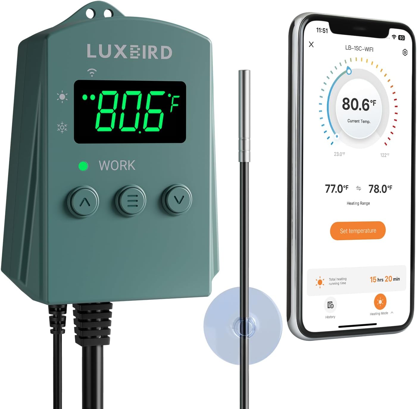 WiFi Thermostat Controller, 32-113F, Data Export, 1200W, Alerts, Plug & Play, Luxbird