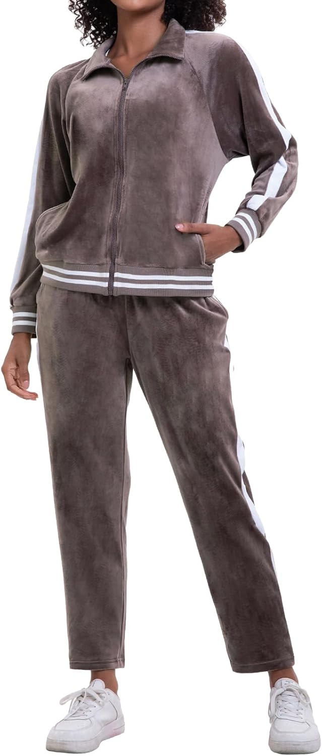 Women's Velour Tracksuit Zip-Up Jacket and Jogger Pants Set