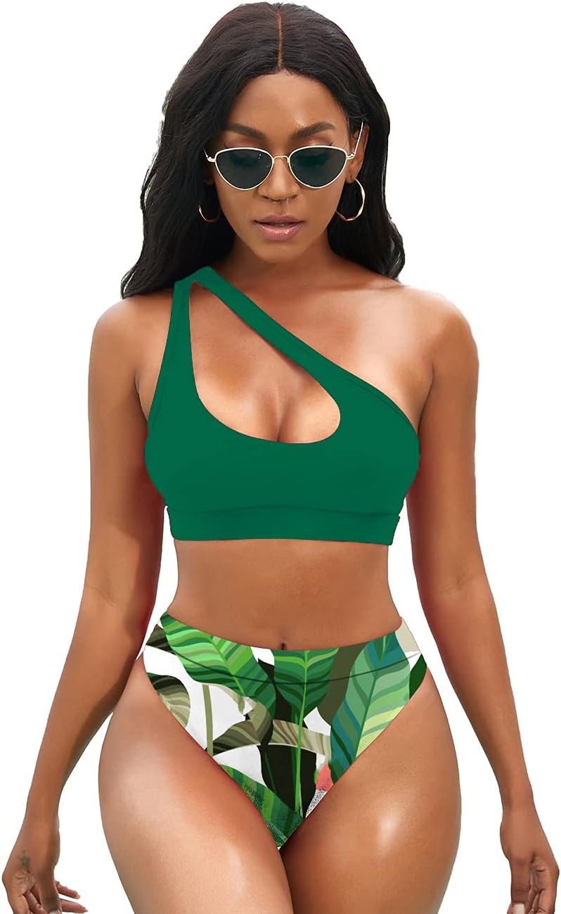 One Shoulder Cutout Bikini Set for Women High Waisted Bottom
