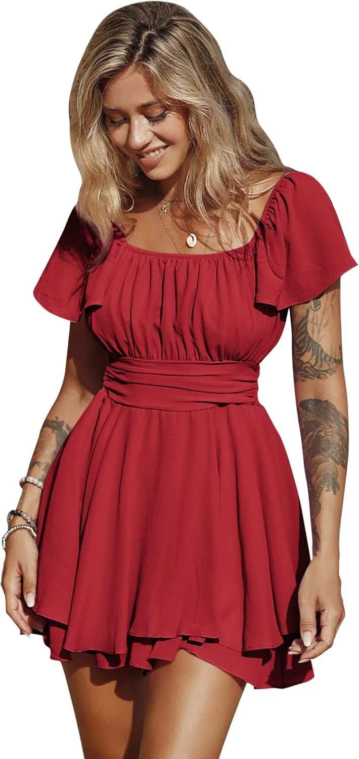 EXLURA Women's Summer Ruffle Short Sleeve Tie Back Romper Dress