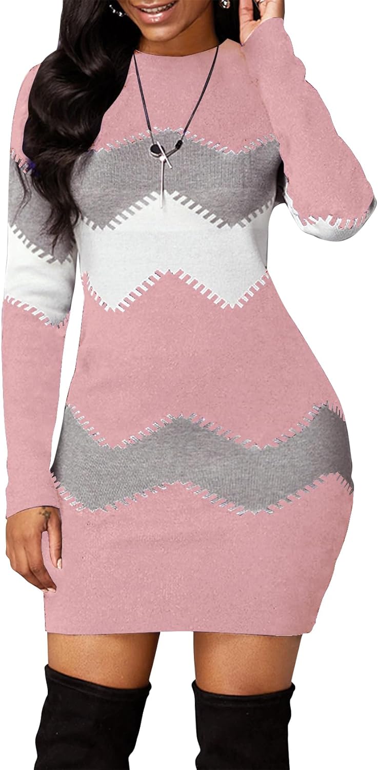 PEHMEA Women's Knitted Striped Bodycon Mini Sweater Dress