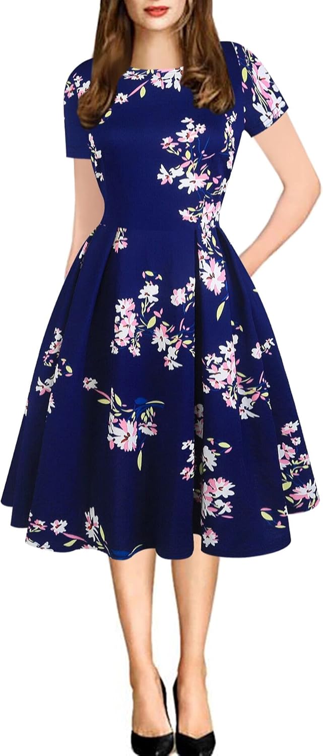 Oxiuly Women's Vintage Patchwork Pockets Swing Casual Dress