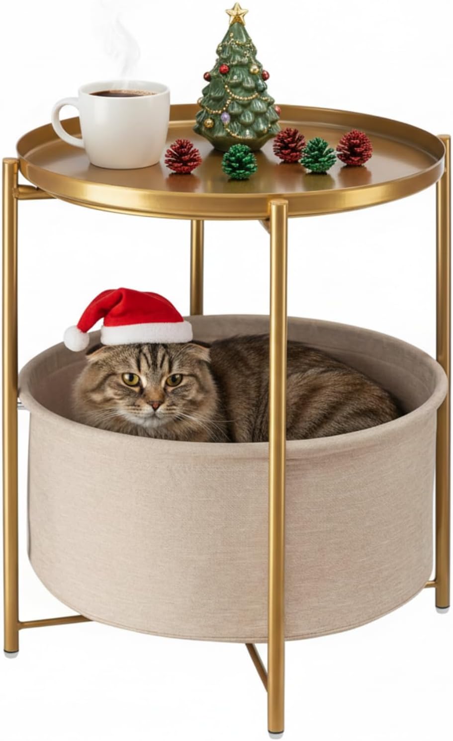 danpinera Round Side Table with Fabric Storage Basket, Gold