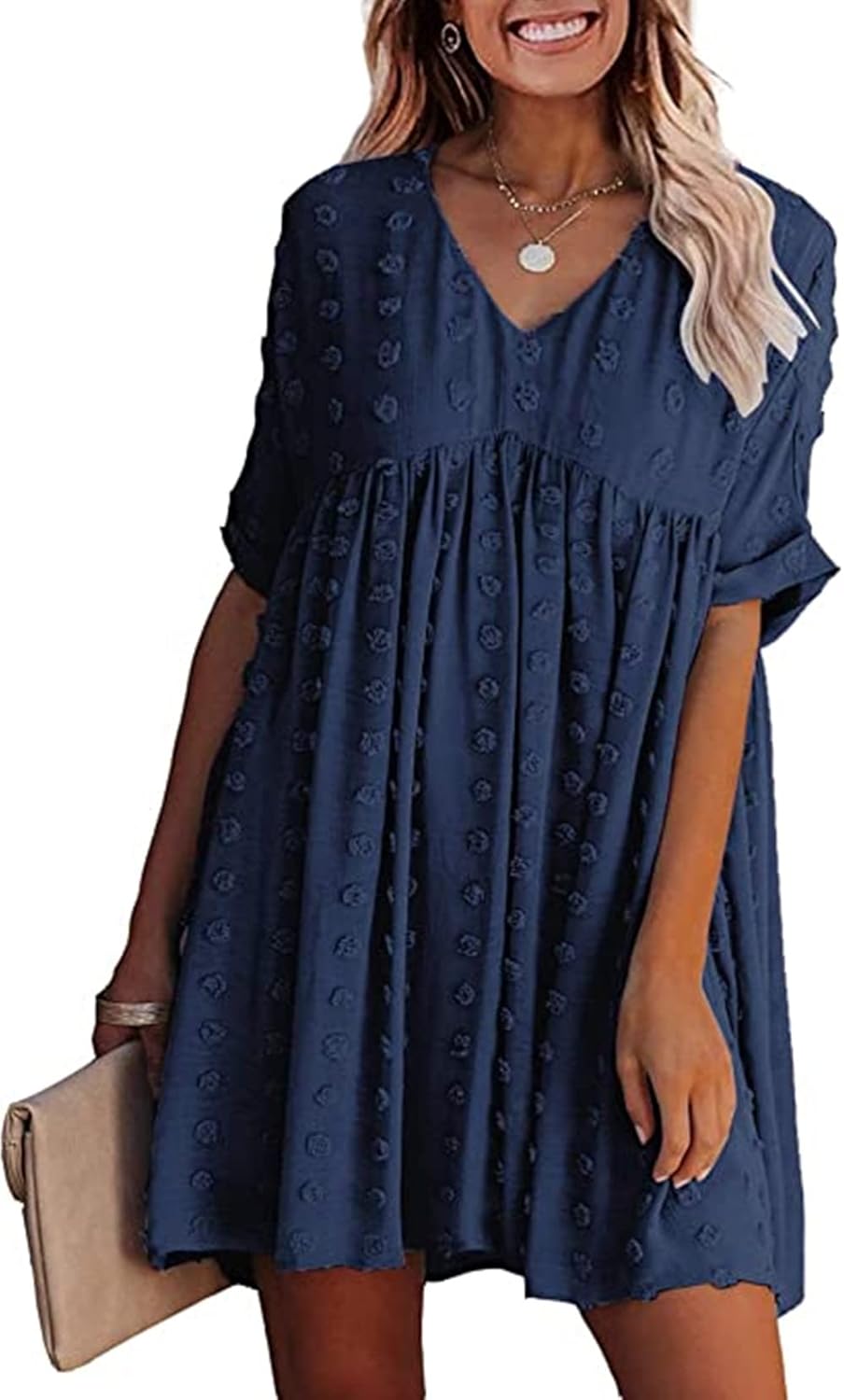 HBEYYTO Women's Summer Short Sleeve Sexy V Neck Flowy Mini Dress