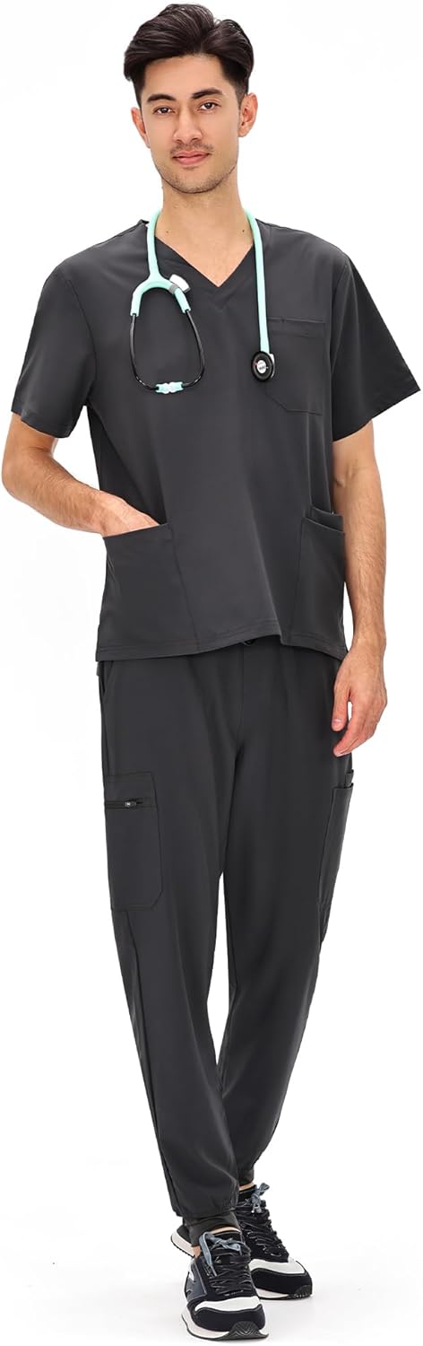 COZYFIT Scrubs for Men - 11 Pocket V-Neck Top & Jogger Pants