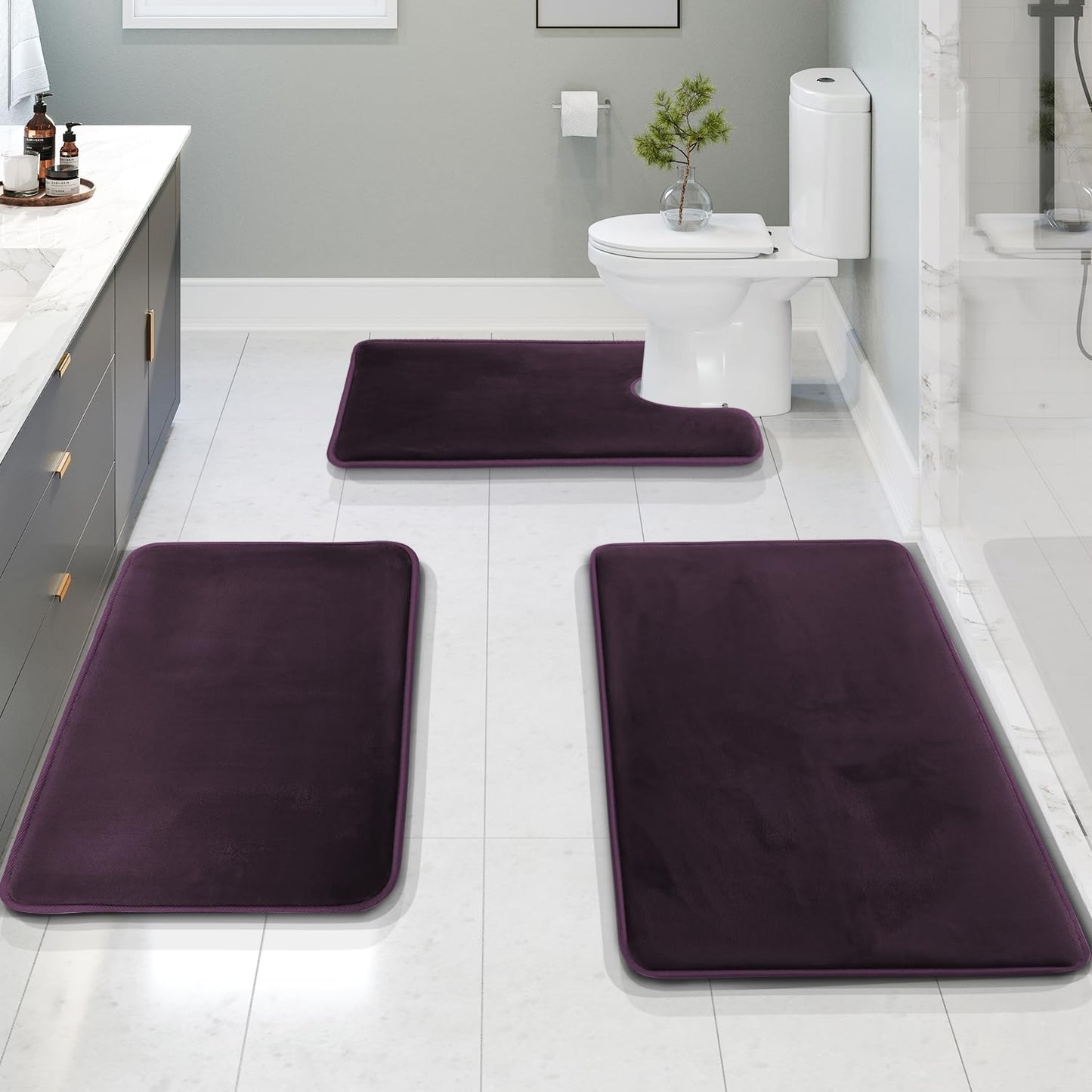 Clara Clark 3 Piece Bathroom Rugs Set - Velvet Memory Foam Mats