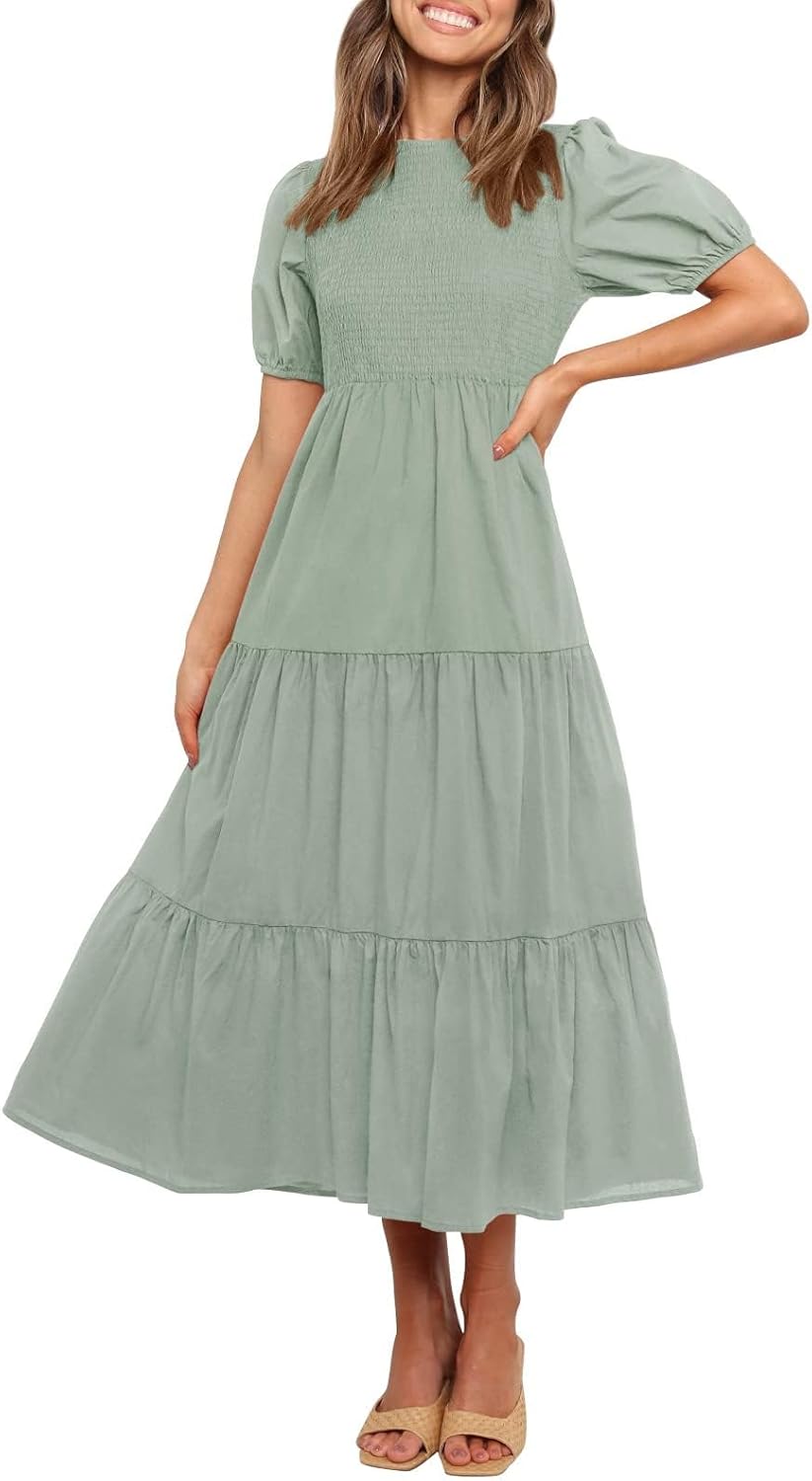 ZESICA Women's Casual Summer Midi Dress with Puff Sleeves