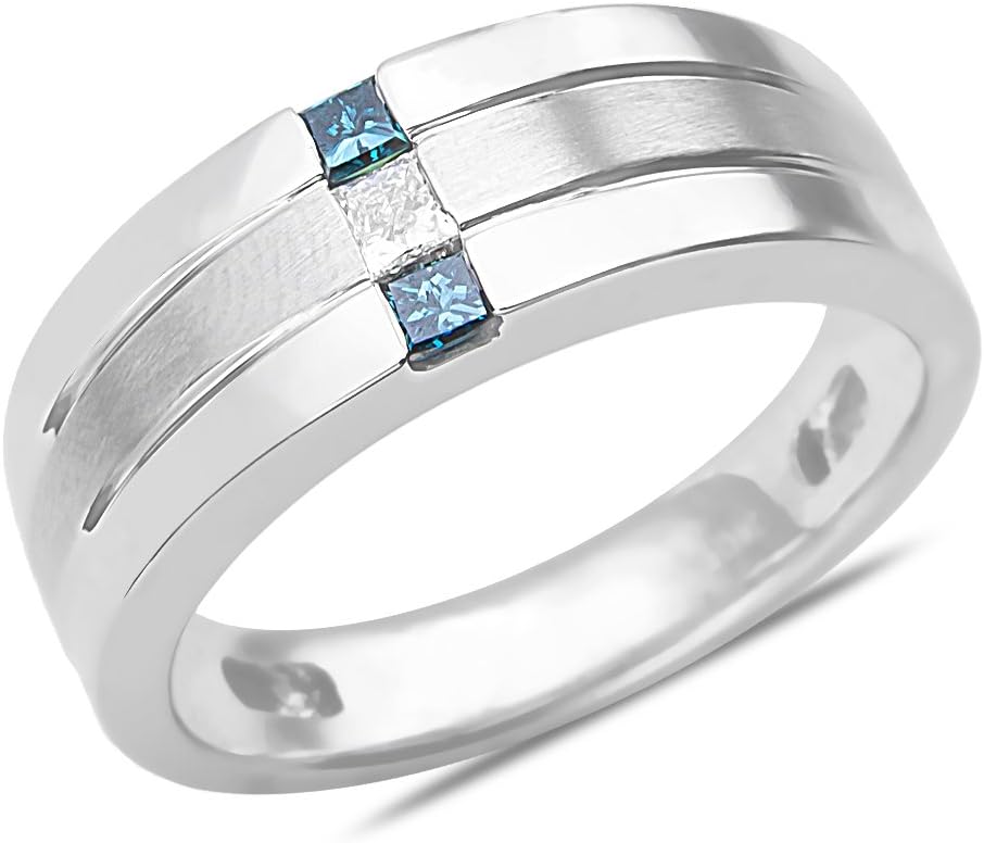 10k White Gold Mens Square Shaped 3-Stone Diamond Wedding Band