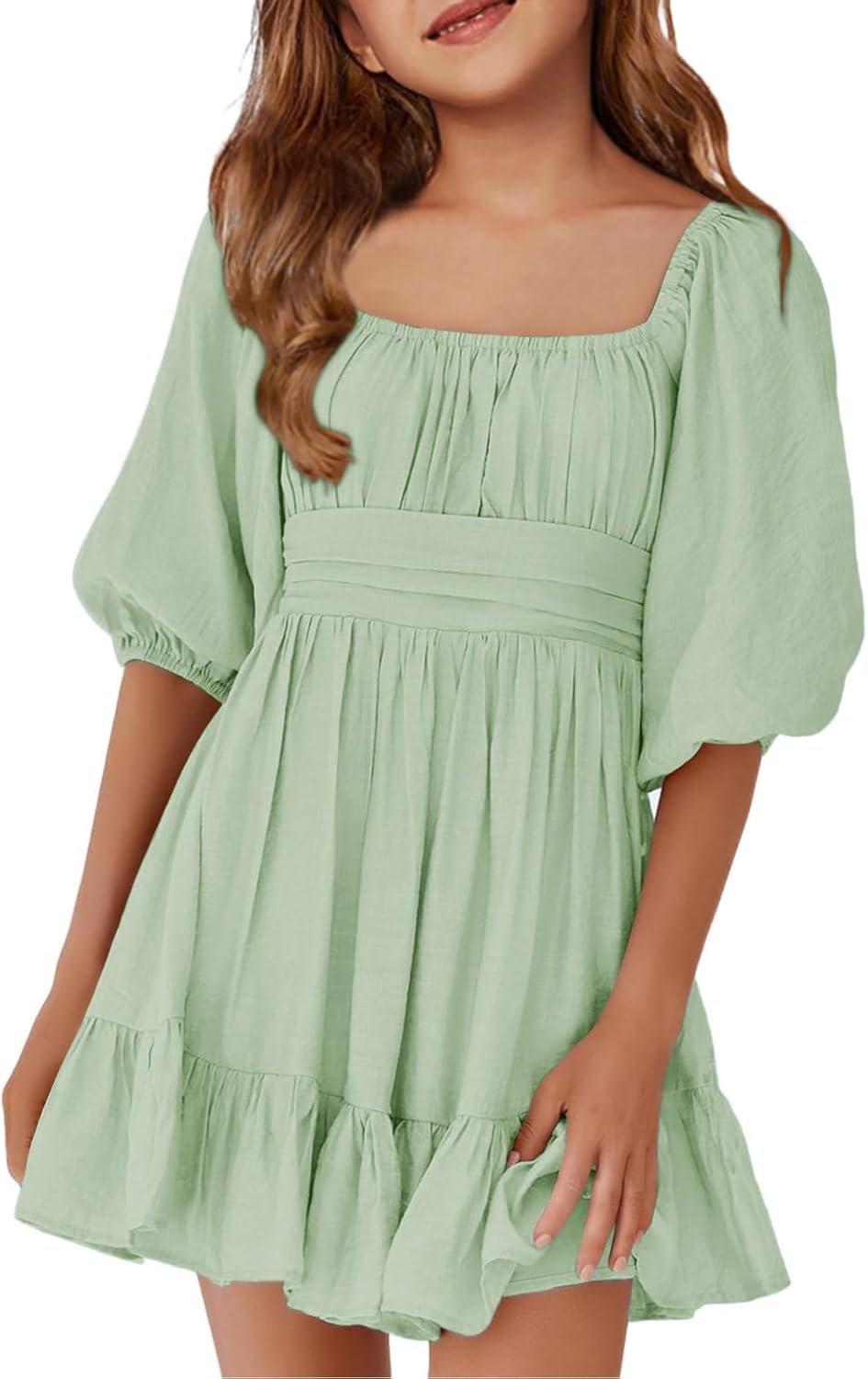 Girls Summer Dresses Square Neck Lantern Sleeve Tie Backless Ruffle