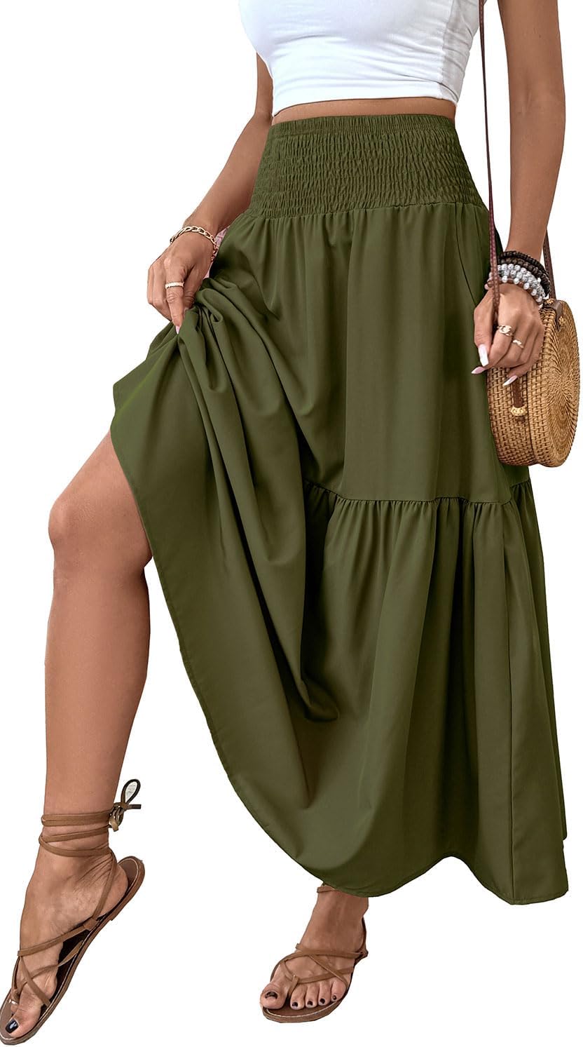 Women's Smocked High Waist Maxi Skirt with Pockets for Style