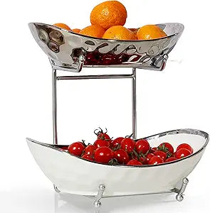 Acliys 2 Tier Ceramic Fruit Bowl with Elegant Metal Rack
