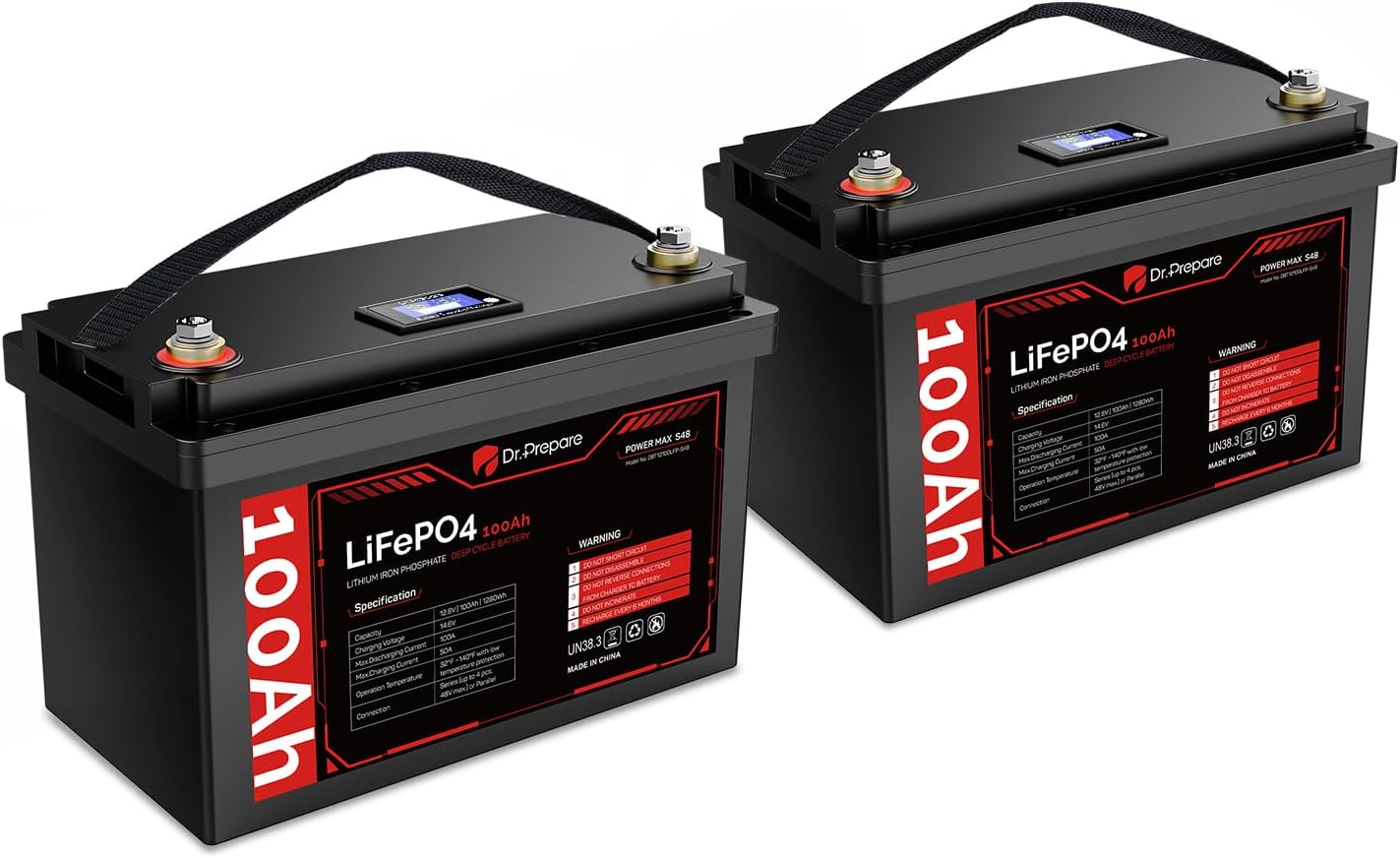 DR.PREPARE 12V 100Ah LiFePO4 Deep Cycle Battery with Monitor