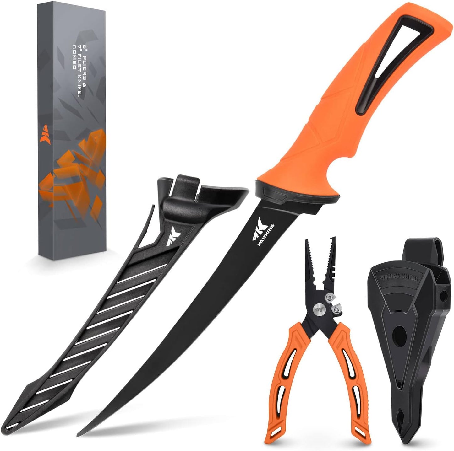 KastKing 6 Fishing Pliers & 7 Fillet Knife Set, Orange