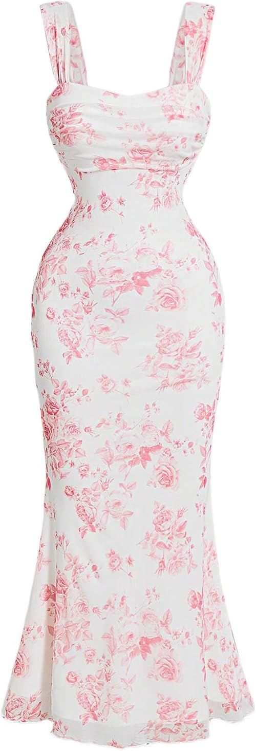 GORGLITTER Women's Floral Ruched Bodycon Summer Wedding Dress