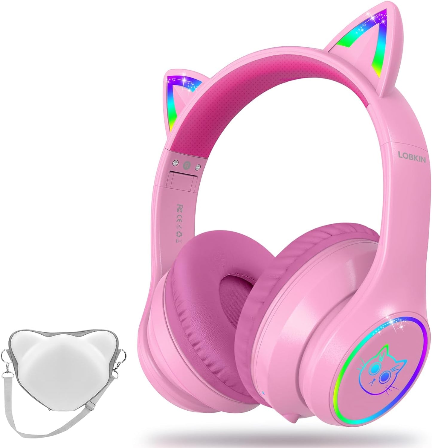 LOBKIN Bluetooth 5.4 Kids Headphones with RGB LED Cat Ears