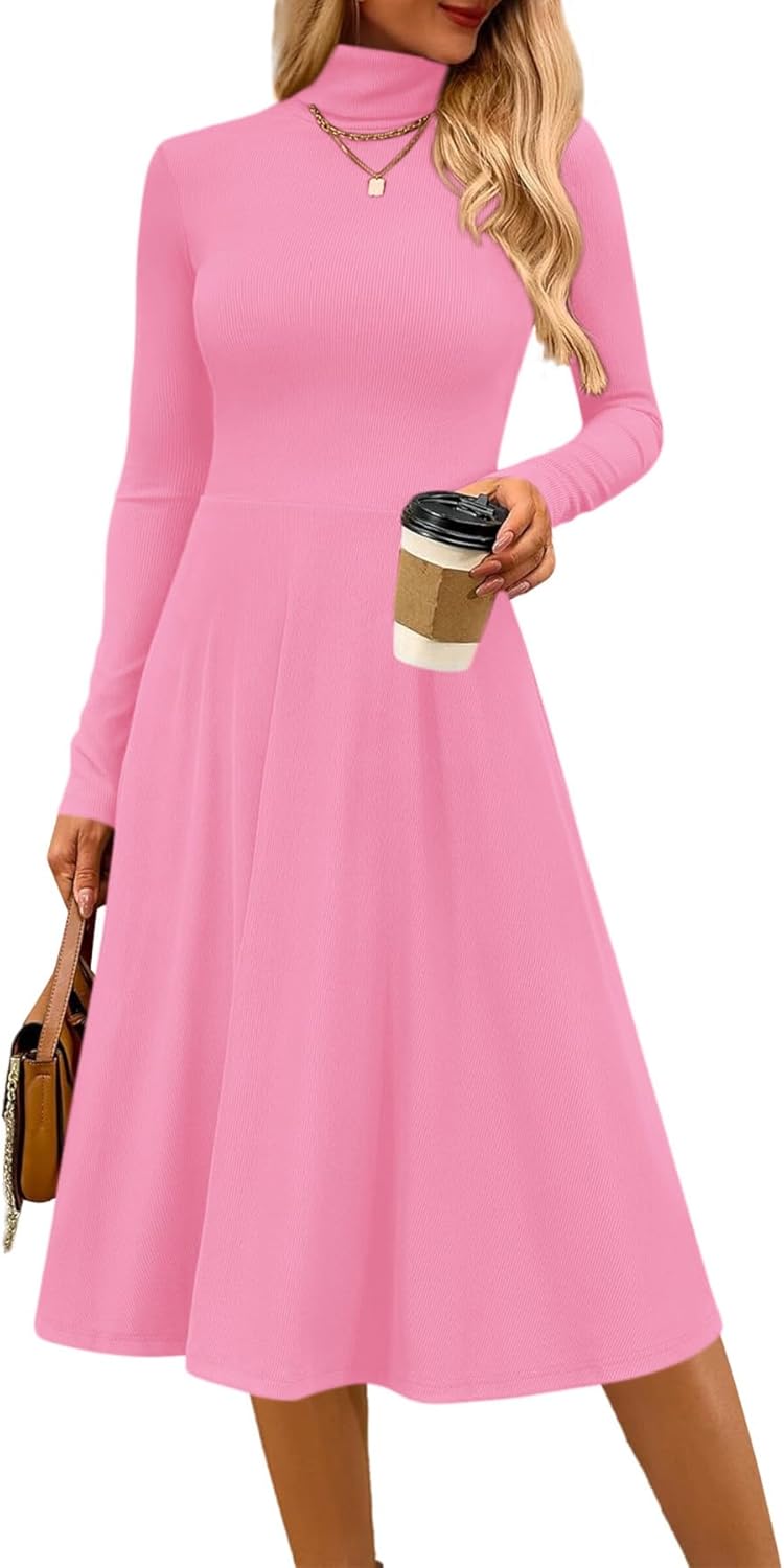 CFLONGE Women's Casual Ribbed Knit High Neck Dress for Fall