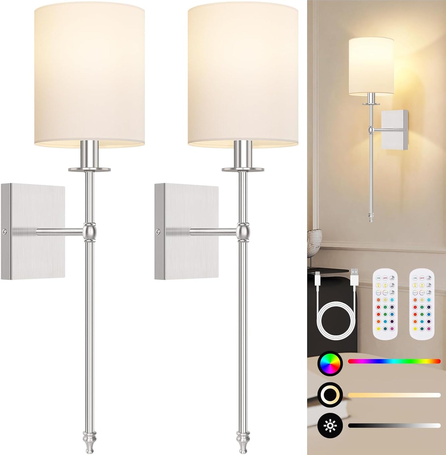 27 Inch Battery Operated Wall Sconces Set of 2 with Remote Control