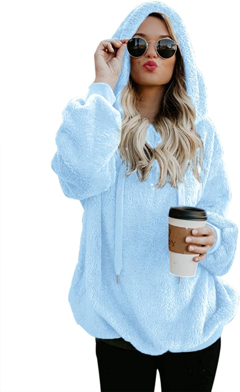 Women Casual Double Fuzzy Sweatshirt Cozy Zip Pullover Hoodies