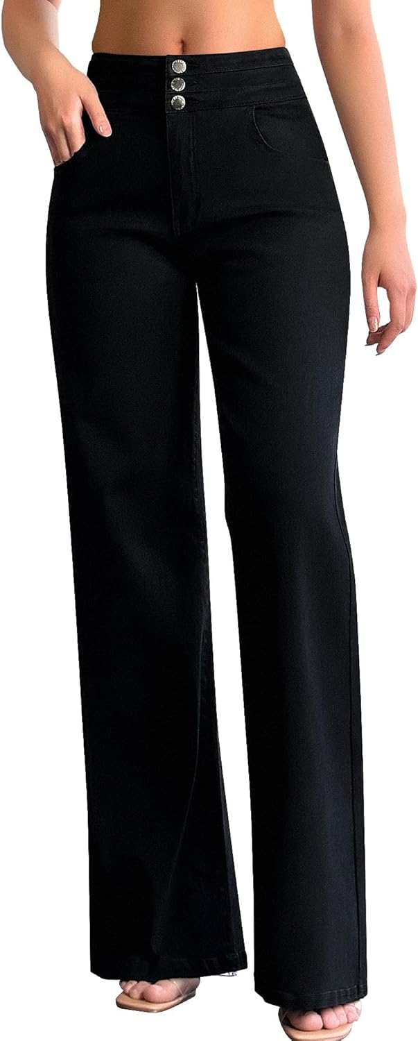 Wide Leg Jeans for Women - Casual High Waisted Stretch Denim