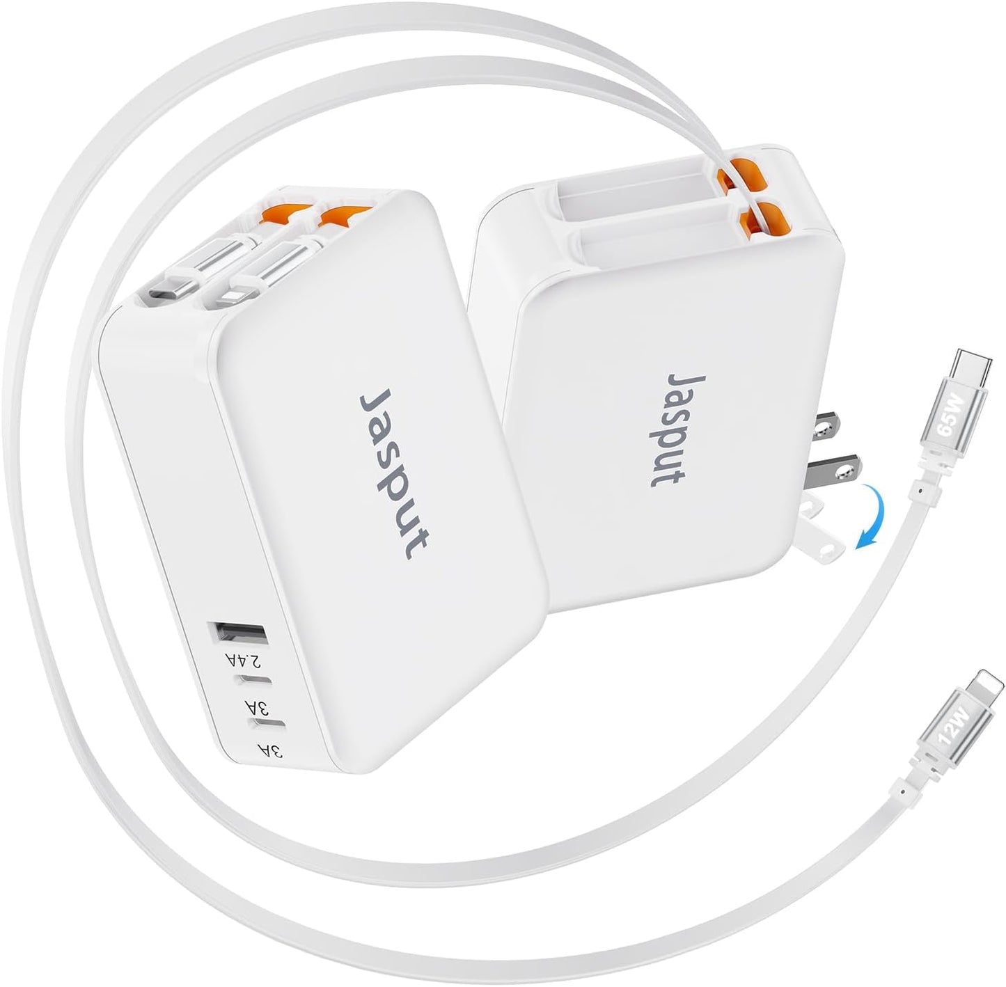 65W Retractable Wall Charger with 3 USB Ports for Fast Charging