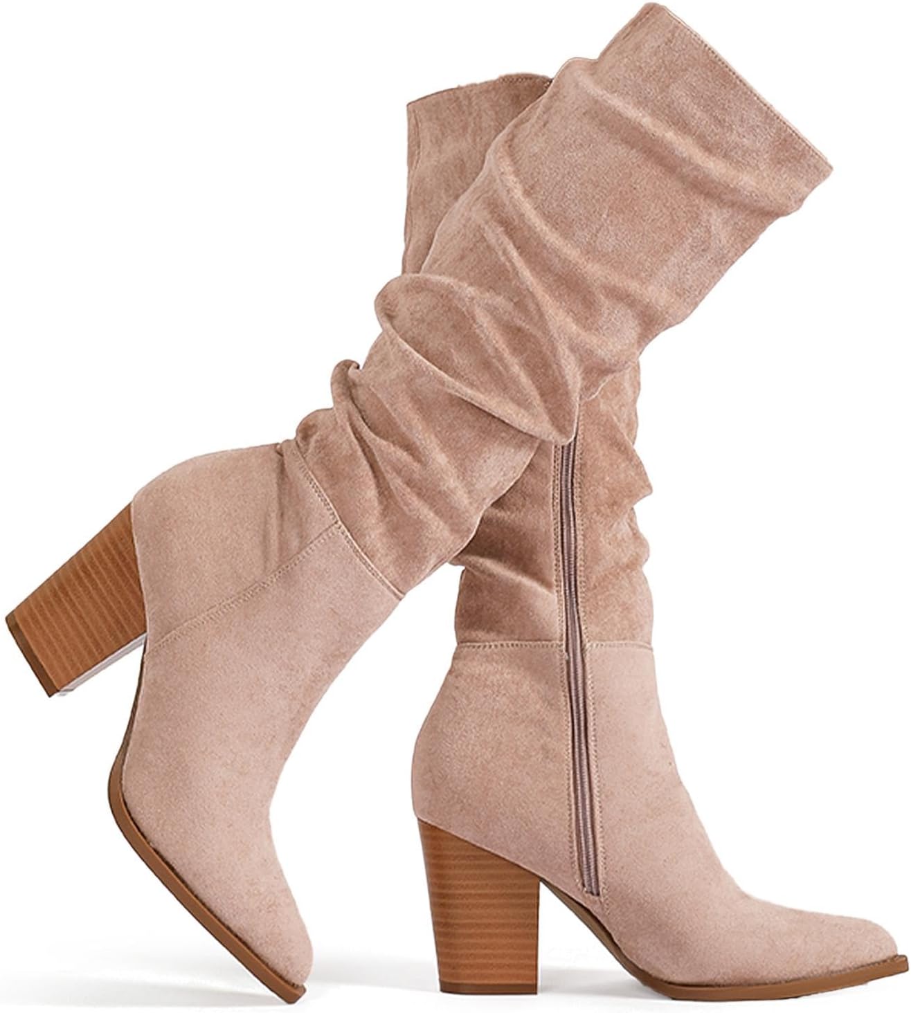 Putu Women's Pointed Toe Knee High Boots with Chunky Heel