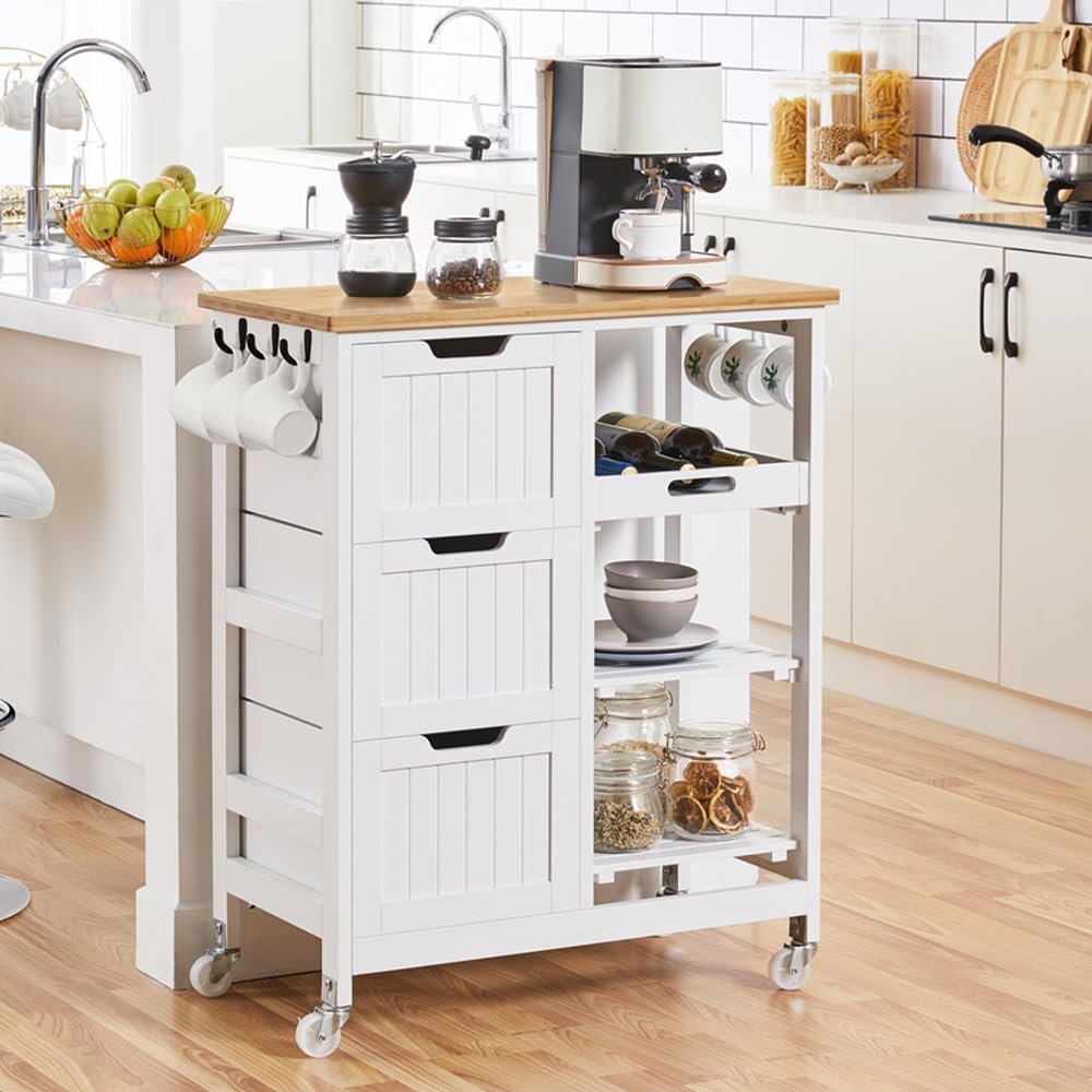 Yaheetech White Kitchen Cart: Bamboo Top, 3 Drawers, Lockable Casters