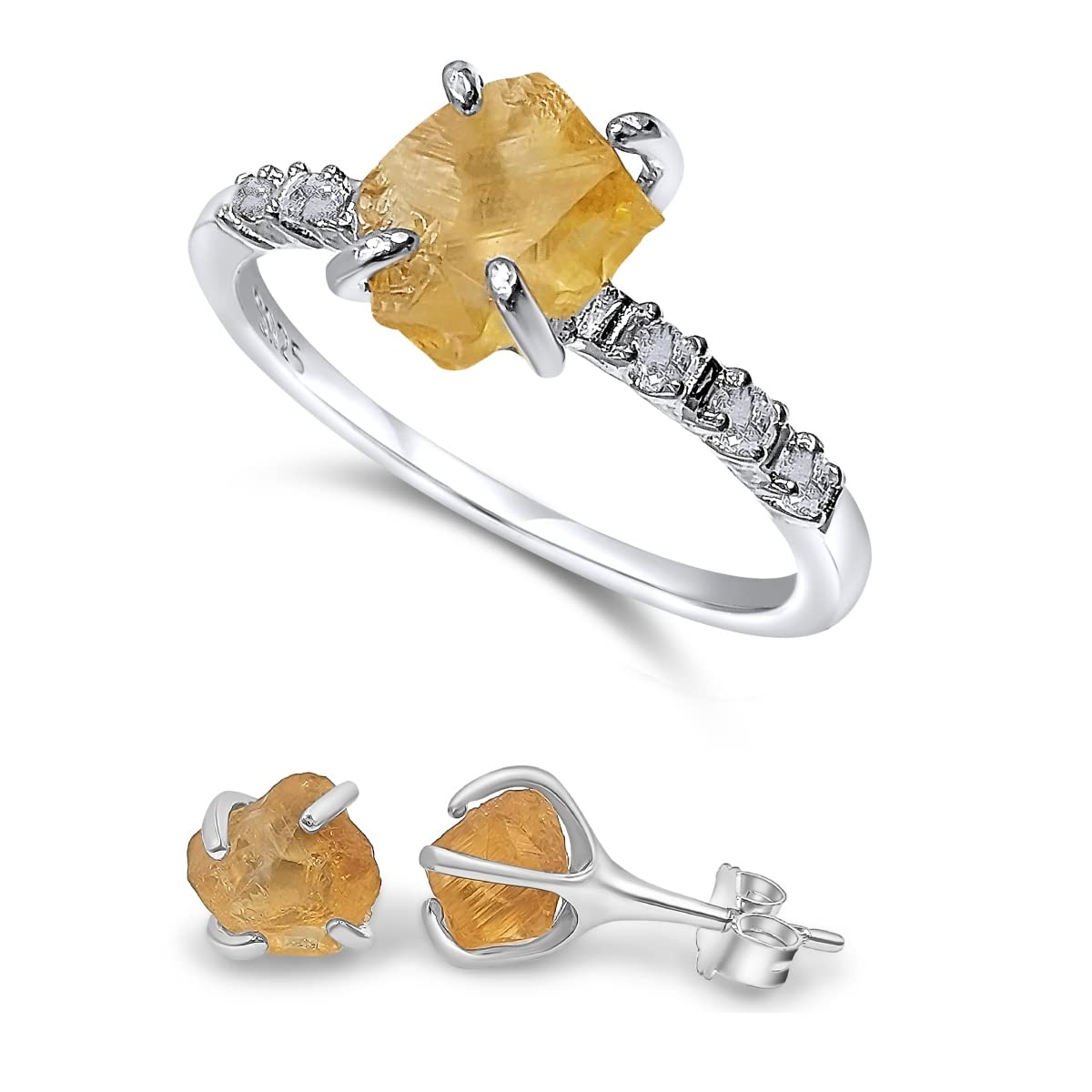 Raw Citrine Stud Earrings and Dainty Ring Jewelry Set Gift