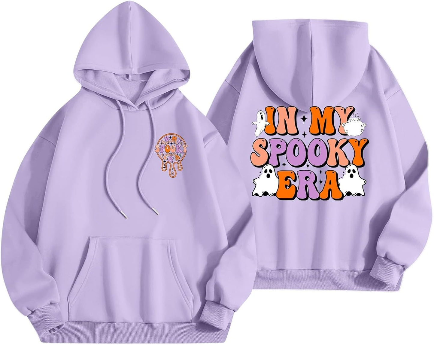 Pink Ghost Print Halloween Hoodie with Pockets