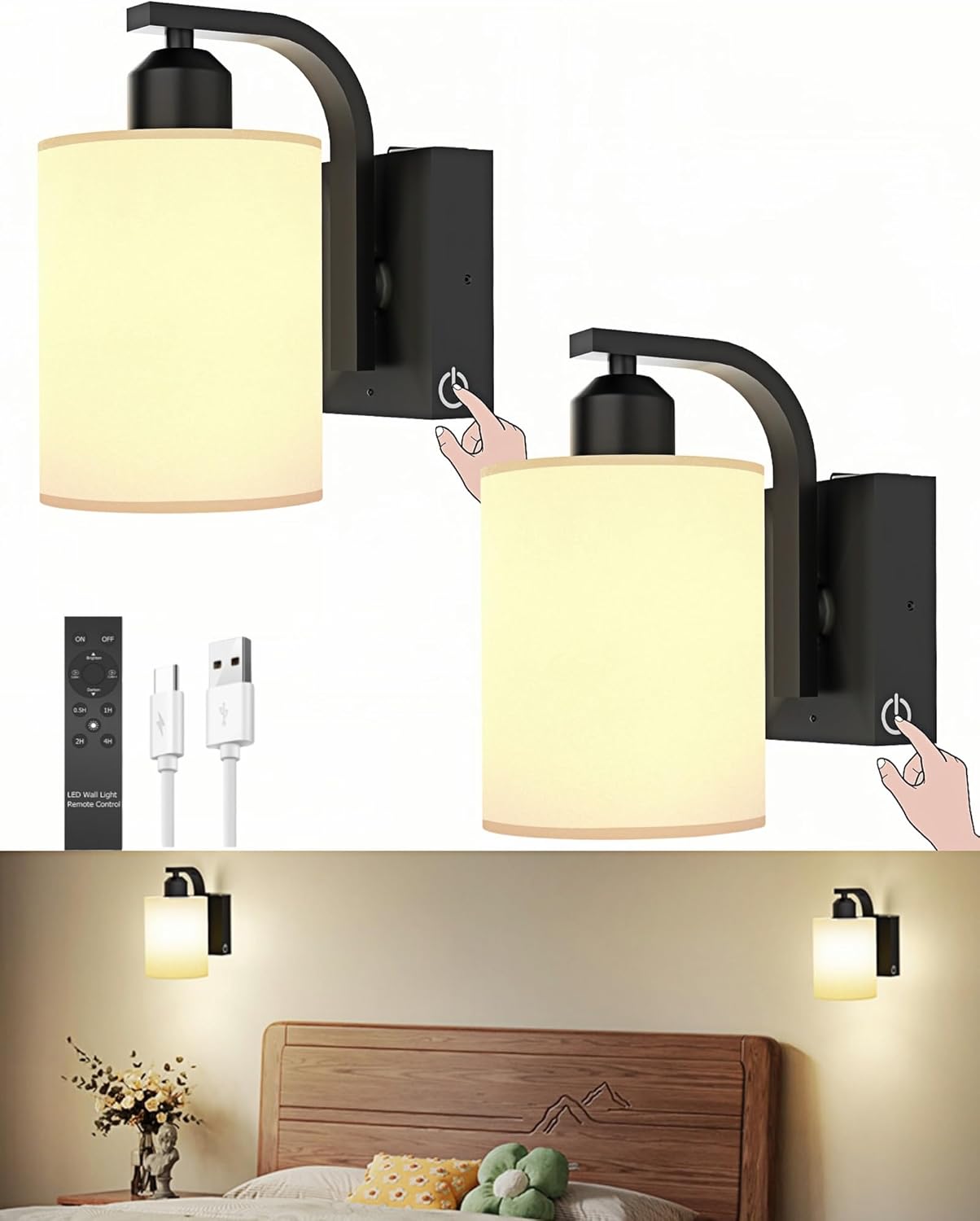 Wireless Wall Sconce Set of 2 with Touch and Remote Control