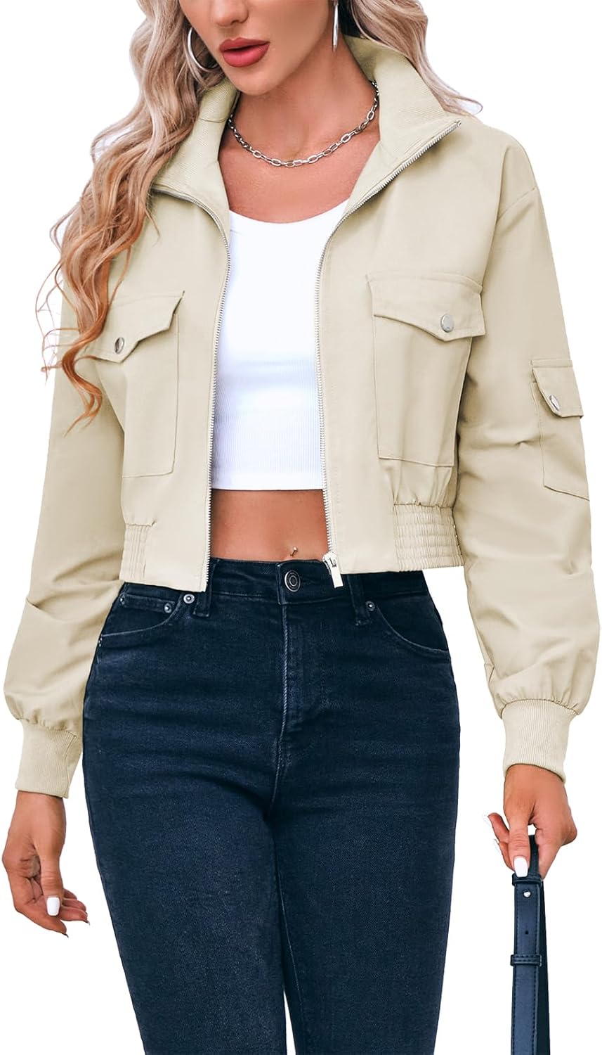 Fisoew Women's Cropped Bomber Jacket for Stylish Comfort