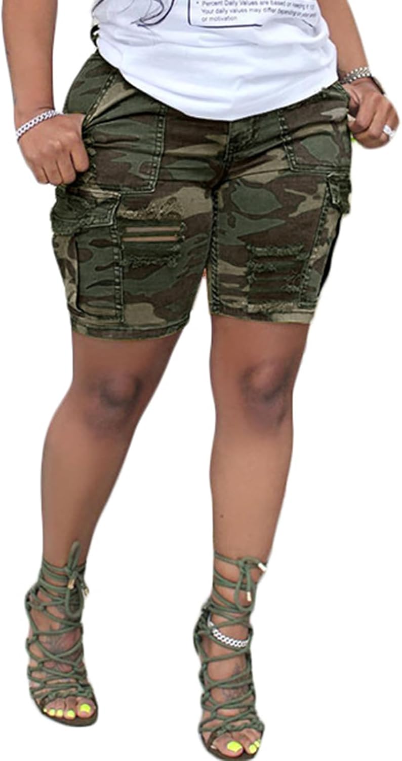 Camo Cargo Shorts for Women - Slim Fit Casual Army Style