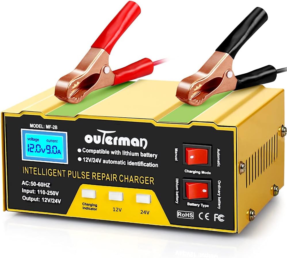 Outerman 12V 24V Car Battery Charger - Maintain Batteries 6AH~105AH