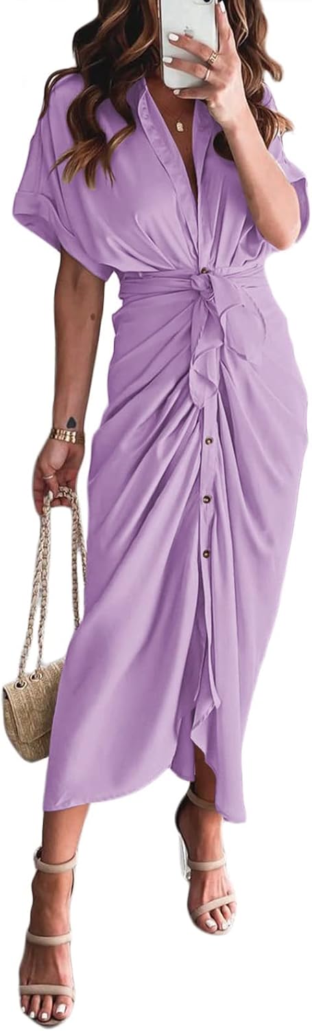 Elegant Satin Button Down Maxi Shirt Dress for Women