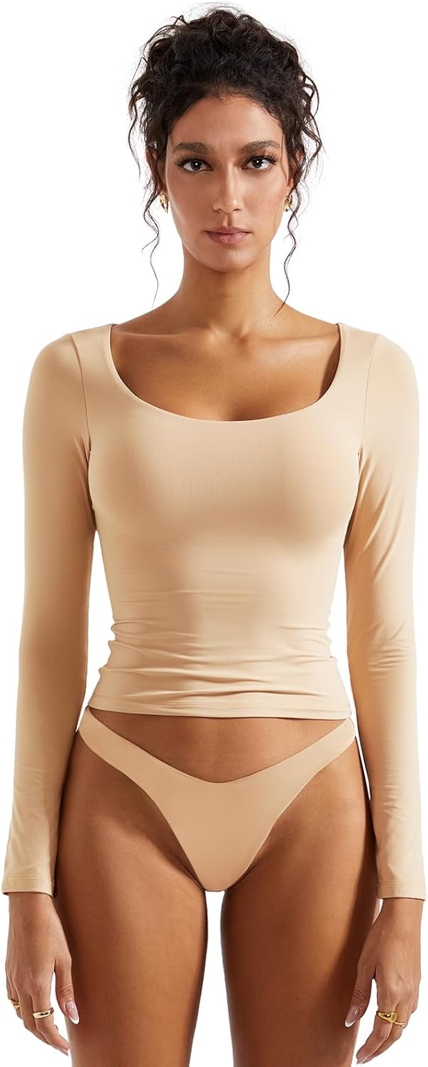 SUUKSESS Women Double Lined Fitted Basic T Shirts Scoop Neck