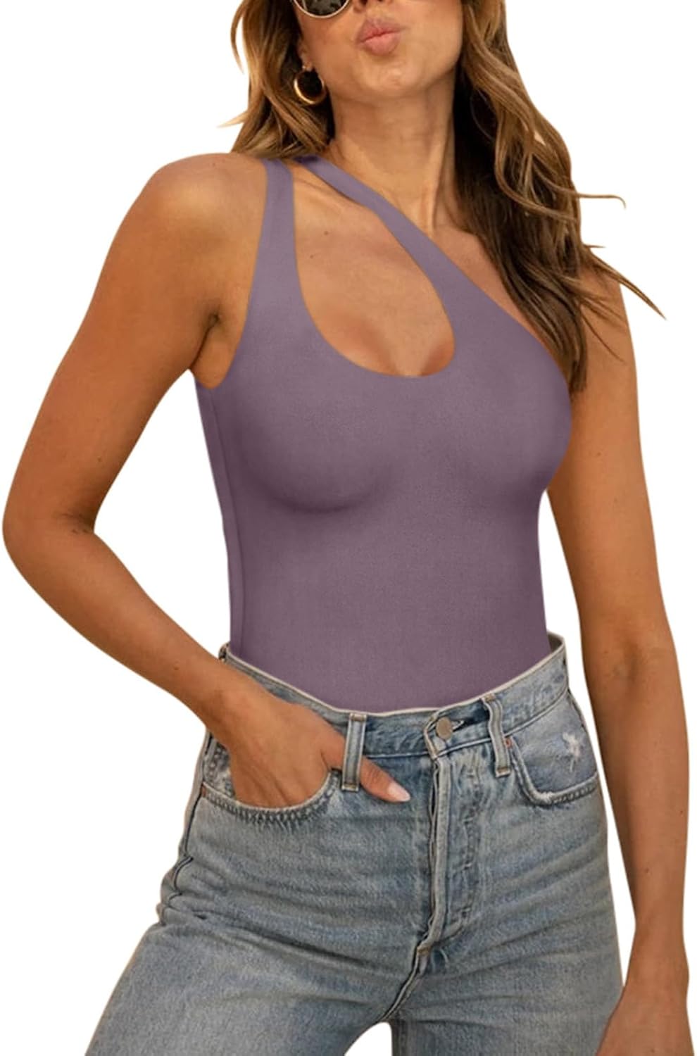 Trendy Sexy Plunge One Shoulder Sleeveless Bodysuit for Women