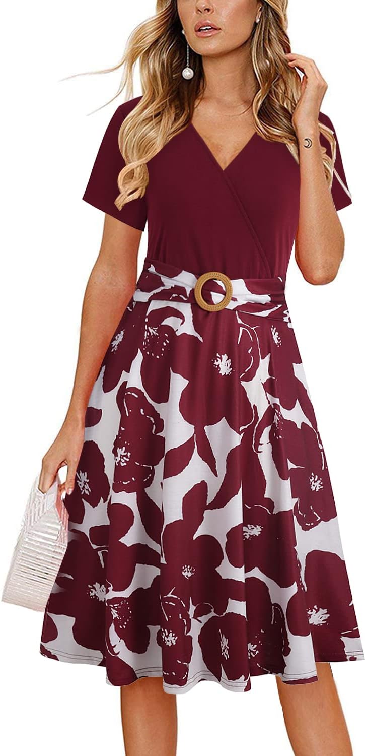 Elegant Criss-Cross V Neck Vintage Tea Dress with Pockets
